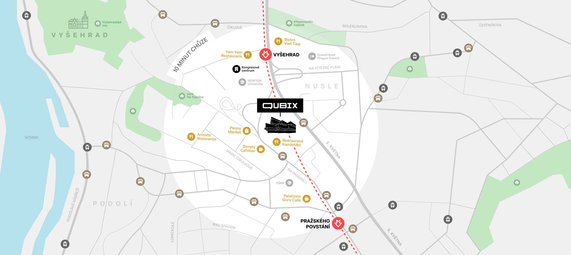 Mapa znázorňující polohu a okolí budovy Qubix